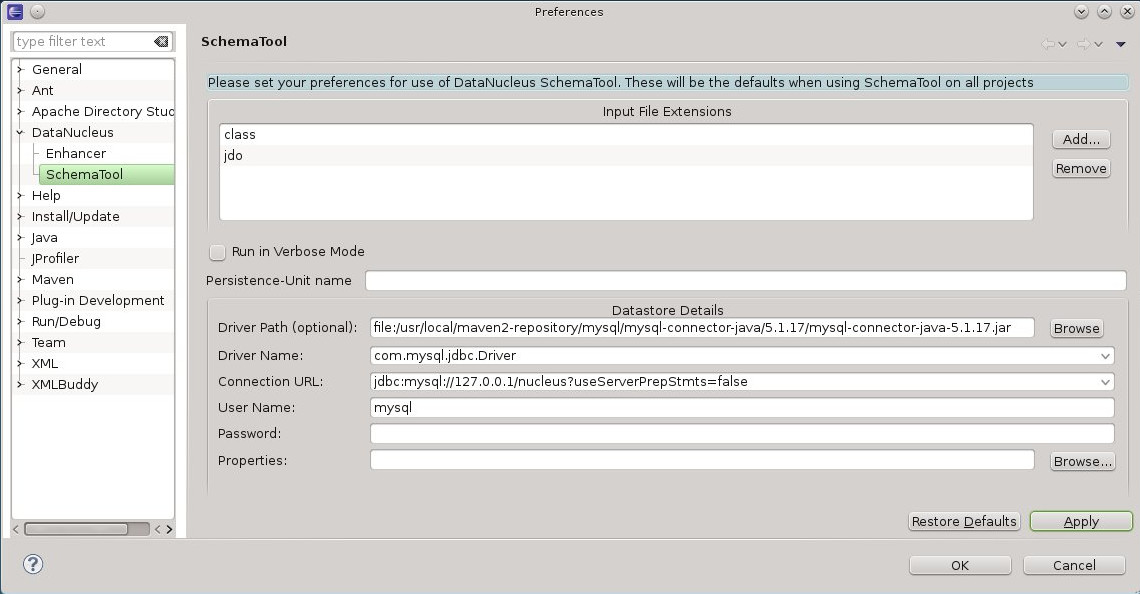 jdo eclipse prefs schematool